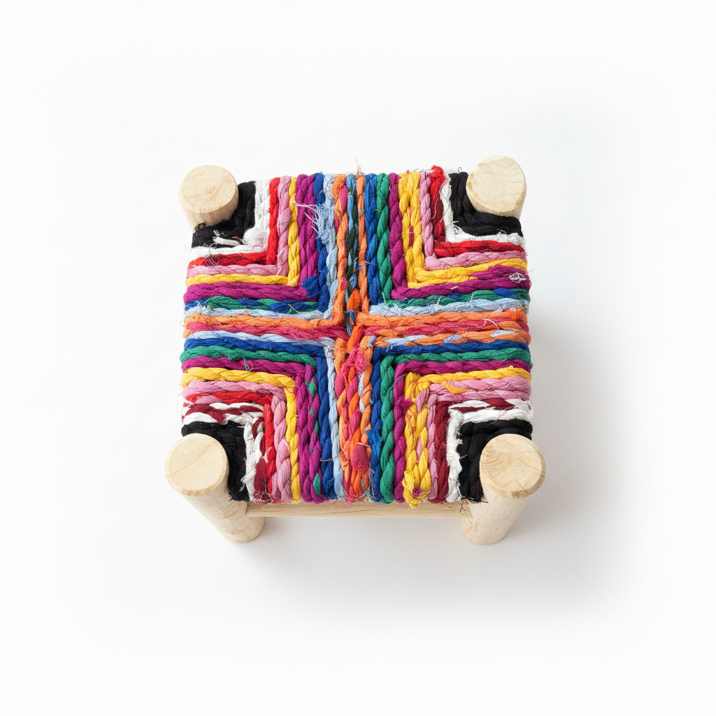 Tabouret marocain  en bois d'eucalyptus et boucherouite — mobilier artisanal marocain fait main