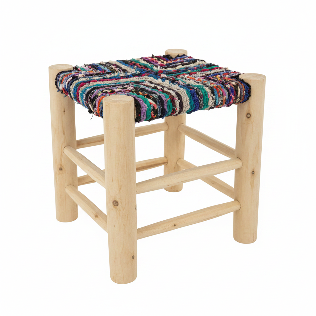 Tabouret en bois d'eucalyptus et boucherouite — mobilier artisanal marocain fait main