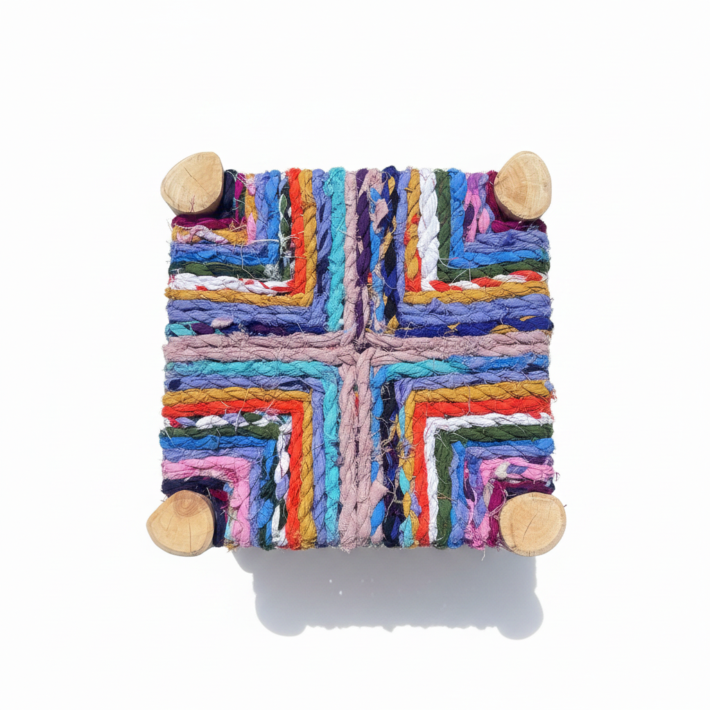 Tabouret en bois d'eucalyptus et boucherouite — mobilier artisanal marocain fait main