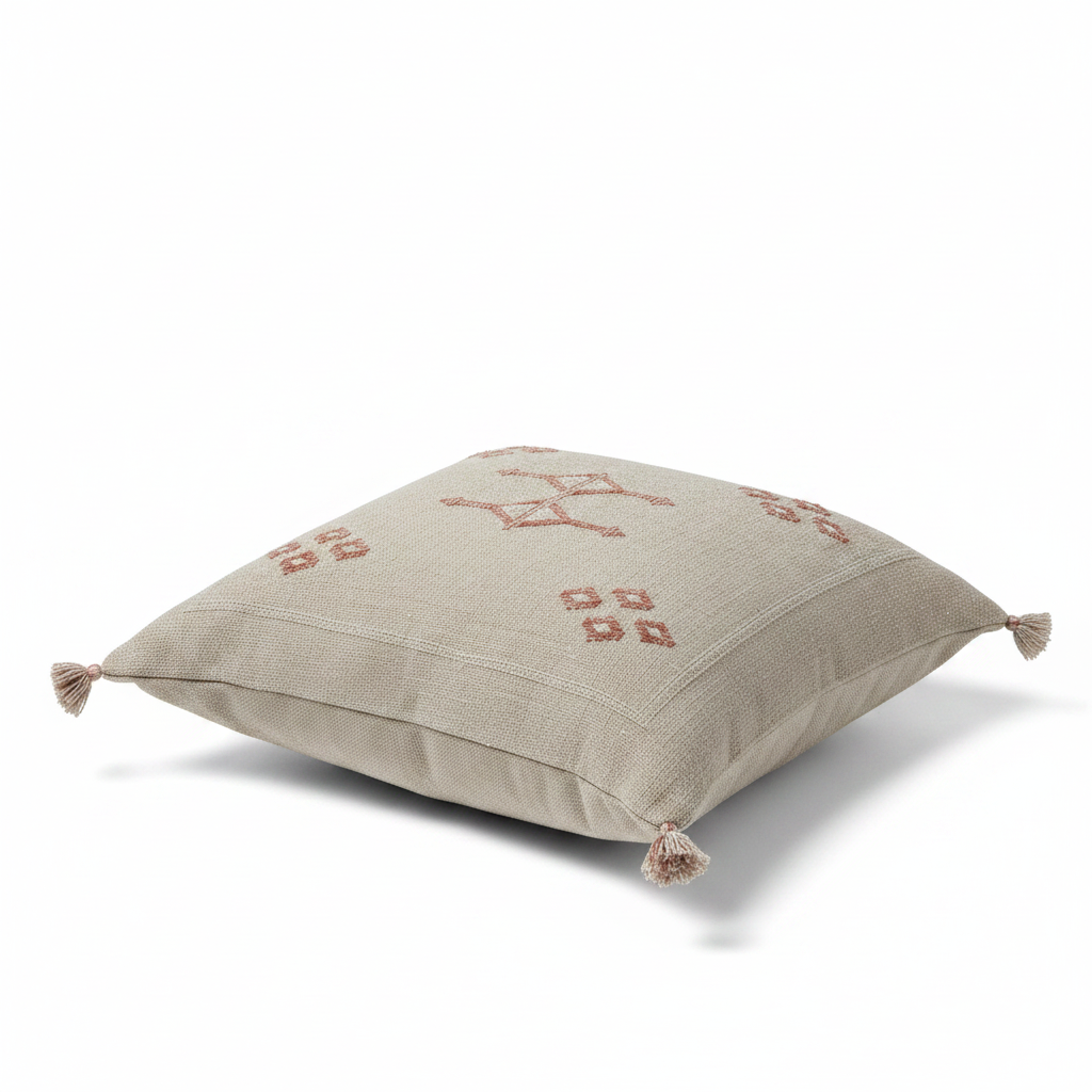 Housse de coussin Sabra broderies géométriques terracotta — soie de cactus fait main Maroc