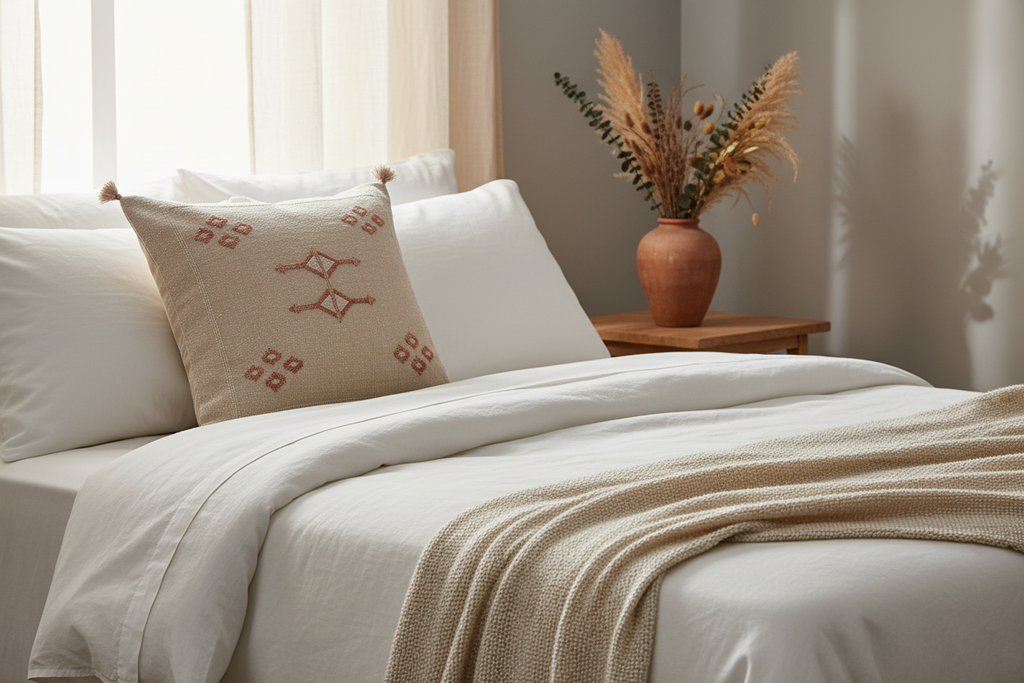 Housse de coussin Sabra broderies géométriques terracotta — soie de cactus fait main Maroc