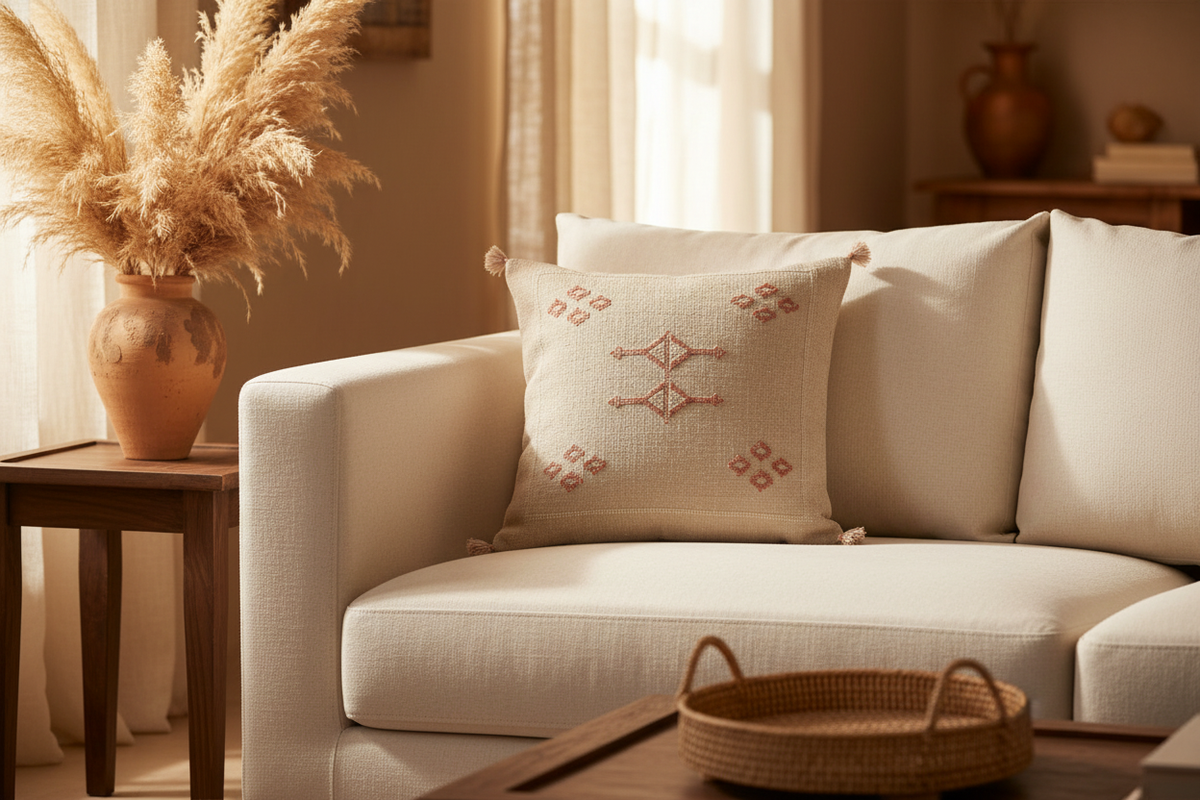 Housse de coussin Sabra broderies géométriques terracotta — soie de cactus fait main Maroc