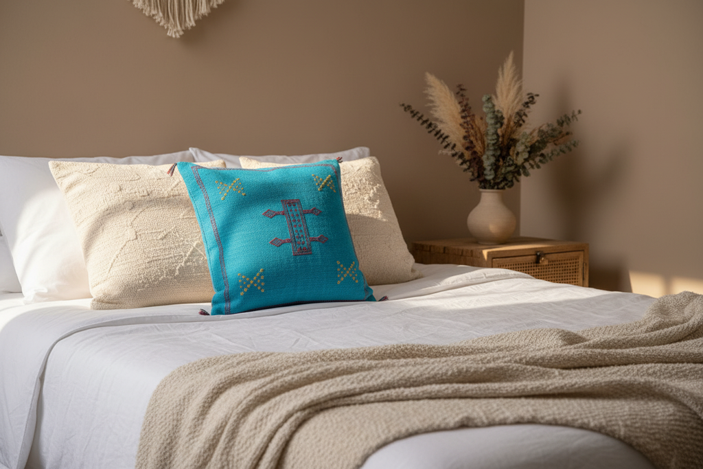 Housse de coussin Sabra turquoise et broderies multicolores — soie de cactus fait main Maroc