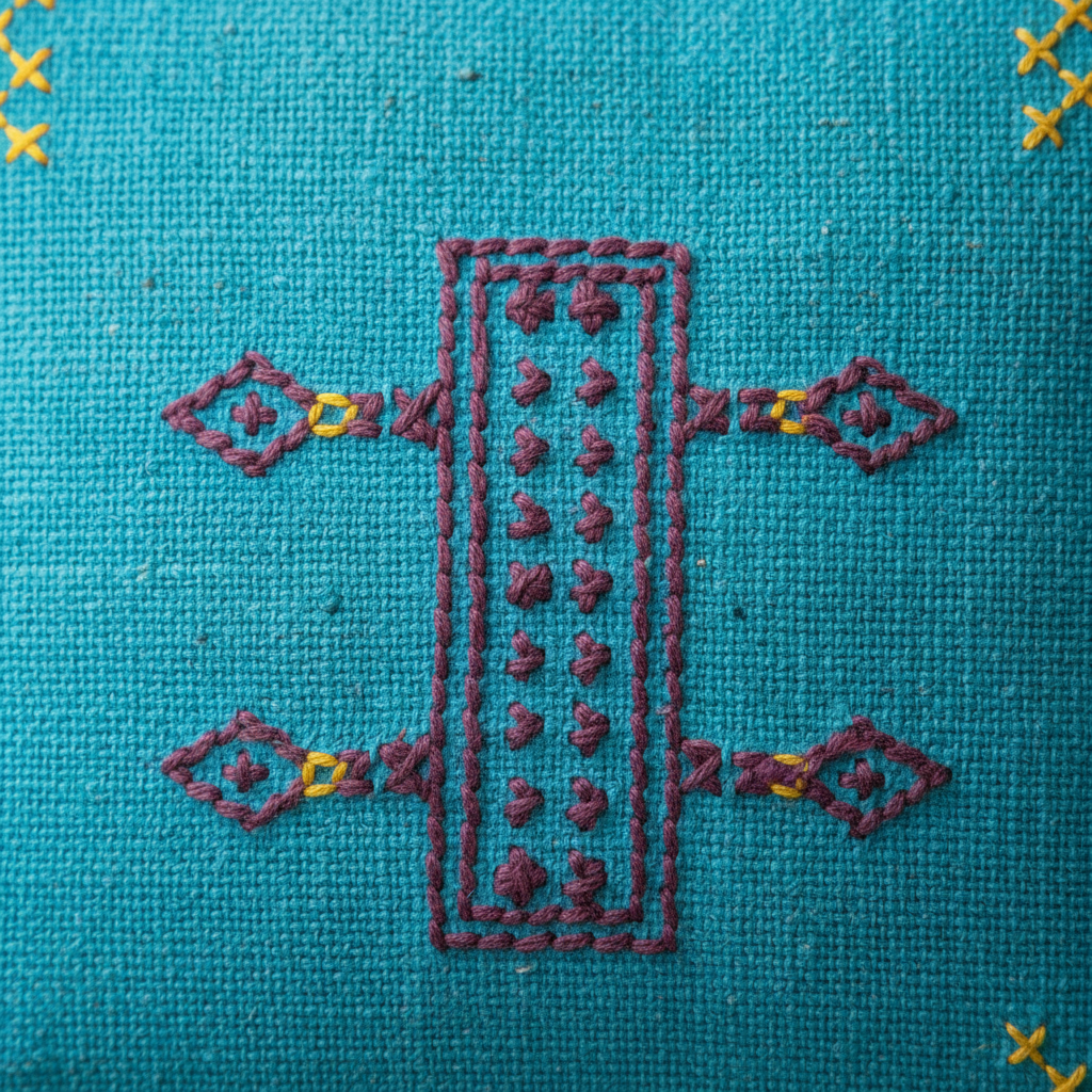 Housse de coussin Sabra turquoise et broderies multicolores — soie de cactus fait main Maroc