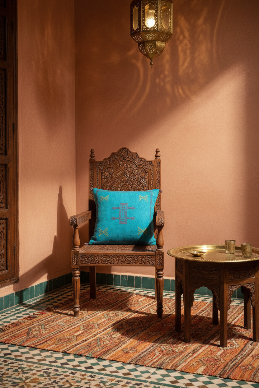 Housse de coussin Sabra turquoise et broderies multicolores — soie de cactus fait main Maroc