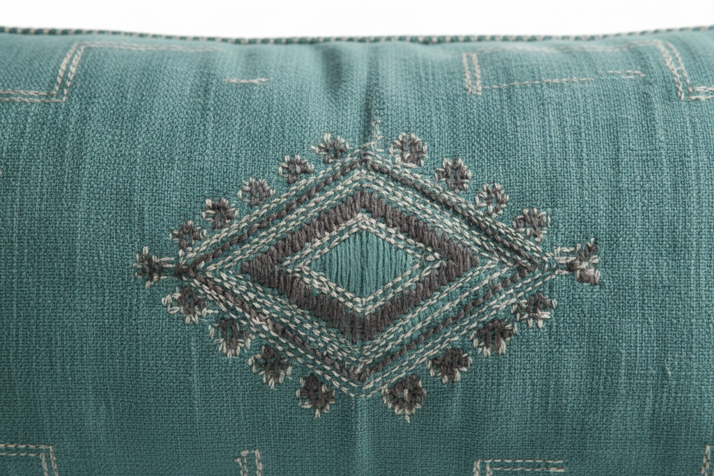 Housse de coussin Sabra bleu azur et broderies berbères — soie de cactus fait main Maroc