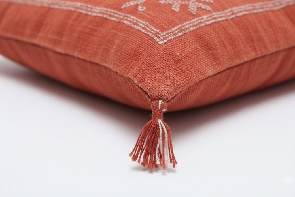 Housse de coussin Sabra rouge terracotta et blanc — soie de cactus artisanat marocain fait main