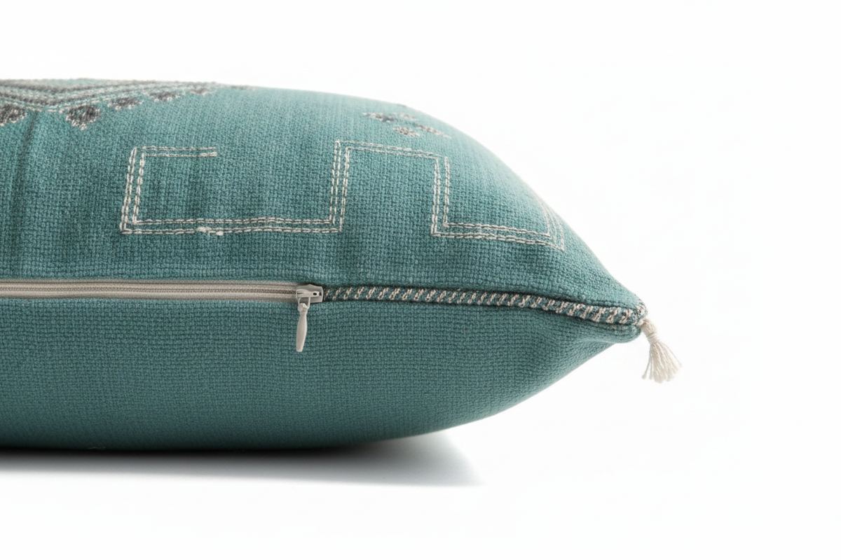 Housse de coussin Sabra bleu azur et broderies berbères — soie de cactus fait main Maroc